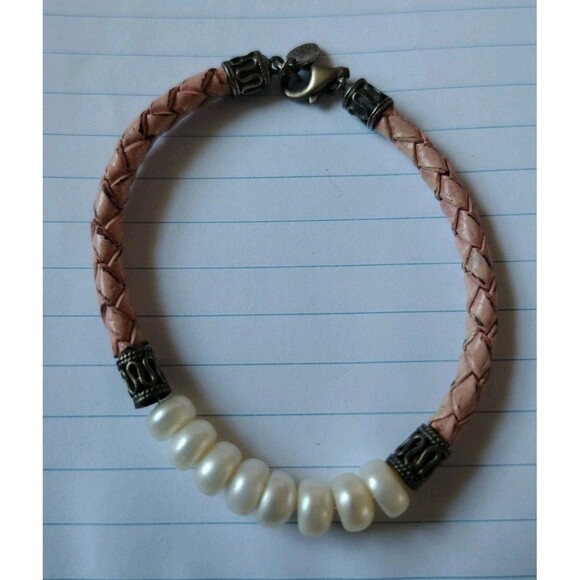 Honora Jewelry - Vintage Honora Button Pearl Beaded Sterling 925 Braided Camel Leather Bracelet